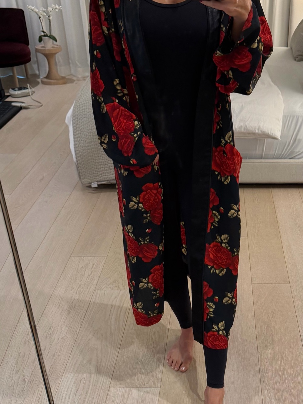 Authentic The Kooples one size long rose print silk kimono worn to one event